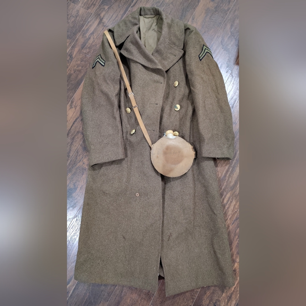 Vintage Brown Military Coat with Canteen